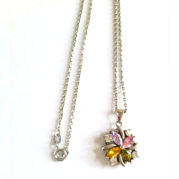 Vintage Boho Sterling Silver Multi Coloured Crystal Stone Flower Necklace - Picture 1 of 15